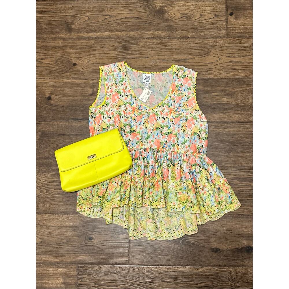 NWT Ivy Jane Shirt Top Eyelet Floral Peplum Sz M Coral Blue Chartreuse w/Clutch